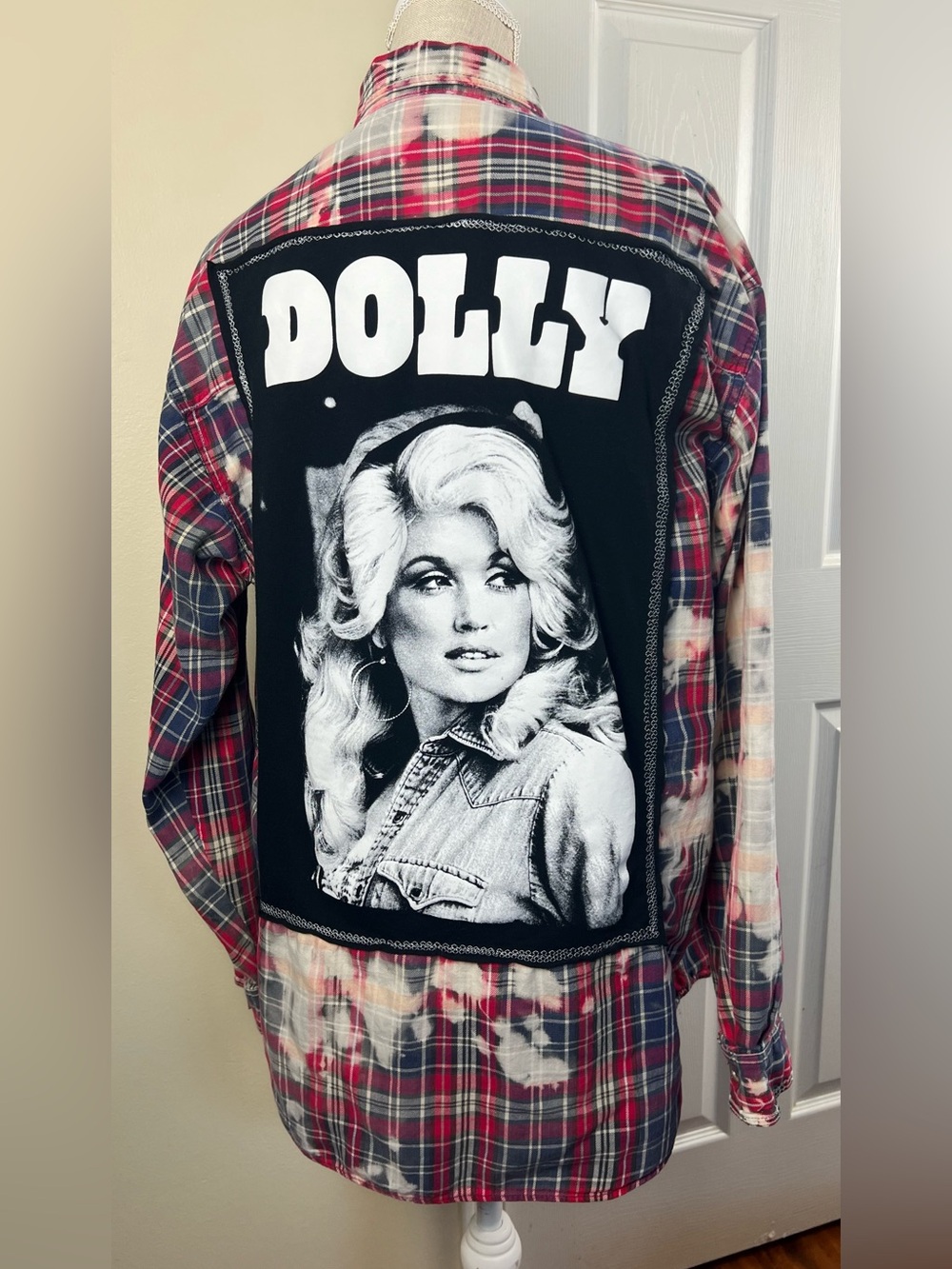 Dolly Parton Upcycled Plaid Shirt Graphic Back Unisex XL